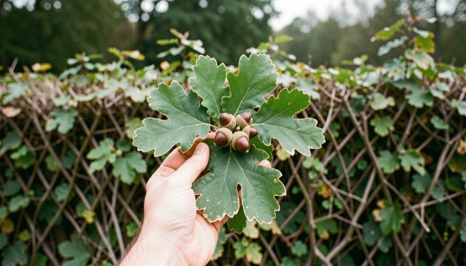 Rameau de chêne vert tenu en main au-dessus d’une haie bocagère, feuilles coriaces au revers clair et glands bruns dans leur cupule