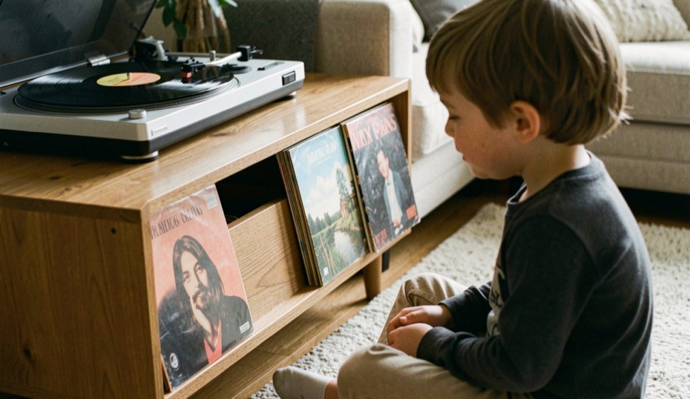 Platine vinyle sur un meuble bas de salon avec des pochettes d’albums posées à côté et un enfant qui écoute assis sur un tapis