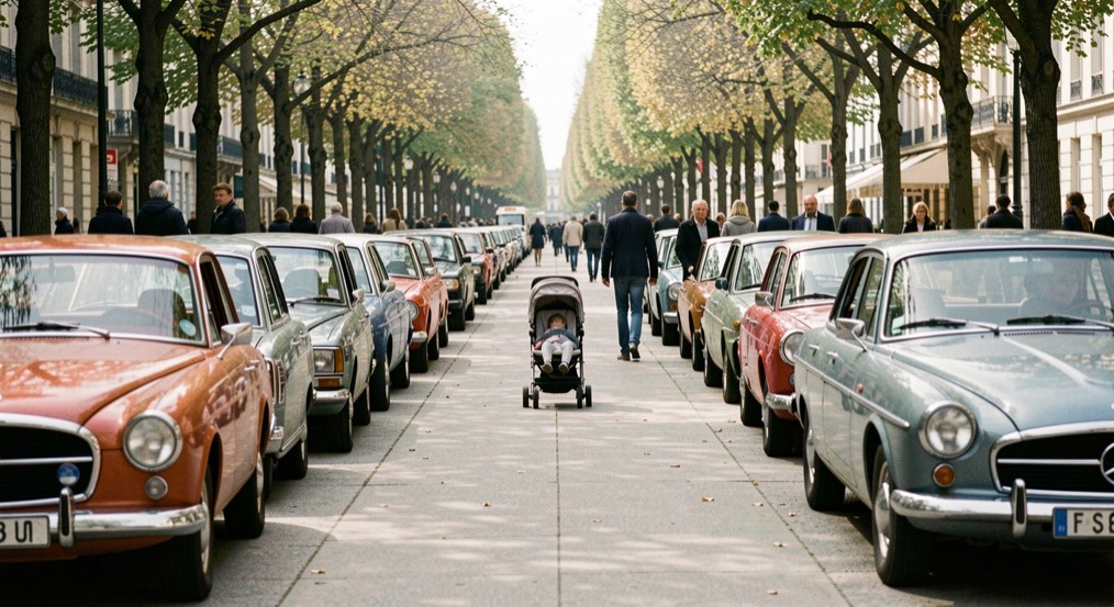Longue allée d’une esplanade un dimanche matin, deux files de voitures anciennes face à face, des promeneurs et une poussette entre les rangées