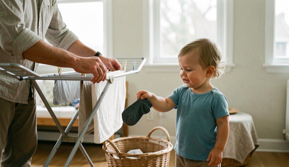 Un parent étend du linge sur un séchoir dans une pièce claire pendant qu’un enfant de deux ans lui tend une chaussette tirée d’un panier en osier