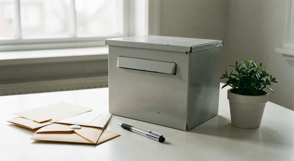 Un cartable d’école ouvert sur une table de cuisine en bois, avec un cahier, une trousse et une petite liste manuscrite épinglée à côté, lumière douce de fin d’après-midi, cadrage en plongée légère.